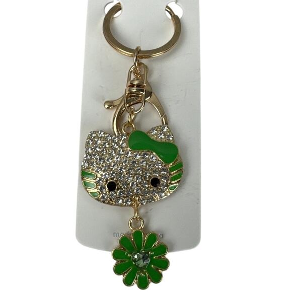 Hello Kitty Rhinestone Bag Charm Key Chain White Rhinestones with Green Accents - Picture 1 of 3